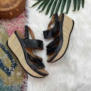 Bussola Black Boho Leather Sling Back Platform Wedge Trinidad Sandal 40 / 9-9.5